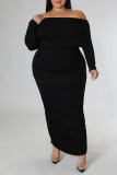Black Sexy Solid Patchwork Fold Off the Shoulder Pencil Skirt Plus Size Dresses