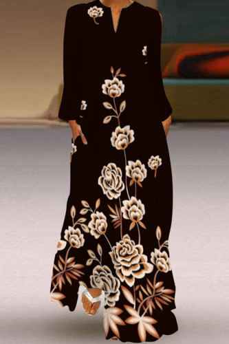 Schwarzes Apricot Fashion Casual Print Patchwork V-Ausschnitt Langarm Kleider