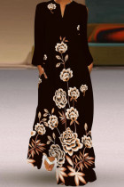 Svart aprikos Mode Casual Print Patchwork V-hals långärmade klänningar