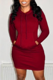Rote Art- und Weisebeiläufige feste Patchwork-Kleider mit Kapuzenkragen und langen Ärmeln