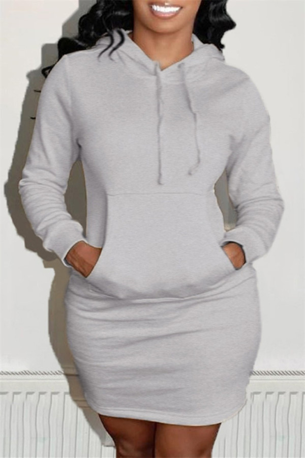 グレー ファッション カジュアル ソリッド パッチワーク フード付きカラー ロング スリーブ ドレス