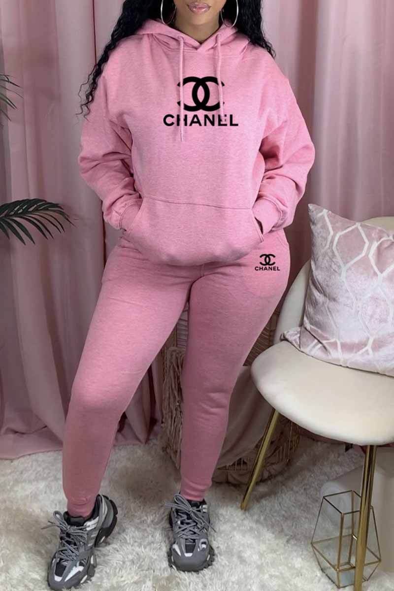 Pink Fashion Casual Print Letter Hooded Collar Long Sleeve Two Pieces