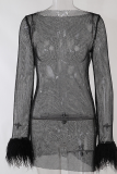 黒のセクシーなパッチワーク ソリッド シースルー フェザー O ネック ペンシル スカート ドレス