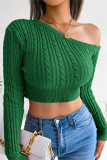 Green Fashion Casual Solid Patchwork Oblique Collar Tops
