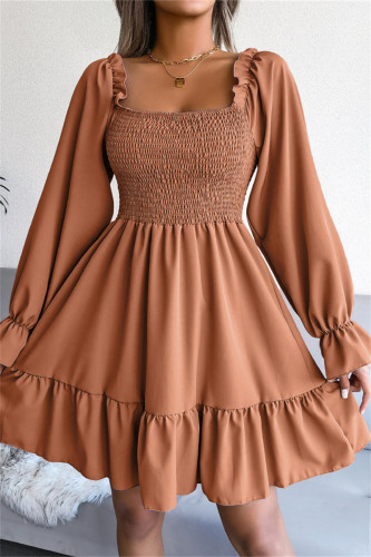 Orange Fashion Casual Solid Patchwork Square Collar Long Sleeve Dresses
