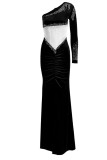 Черные сексуальные однотонные платья в стиле пэчворк с разрезом и горячим дрелью с косым воротником