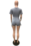 Grey Fashion Solid Patchwork V Neck Short Sleeve Two Pieces Front Tie Crop Tops And Shorts Sets