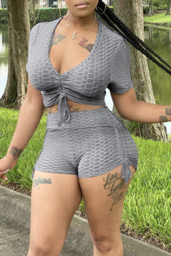 Grey Fashion Solid Patchwork V Neck Short Sleeve Two Pieces Front Tie Crop Tops And Shorts Sets