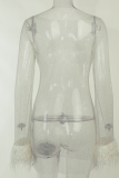 Blanco sexy patchwork sólido transparente plumas o cuello lápiz falda vestidos