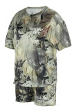Army Green Casual Print Camouflage Print Patchwork O Neck Short Sleeve Two Pieces