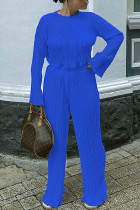 Синий Мода Повседневная Твердая Пэчворк О-Образным Вырезом С Длинным Рукавом Из Двух Частей