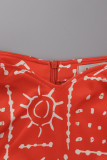 Rote Mode Casual Print Patchwork V-Ausschnitt Langarm Kleider