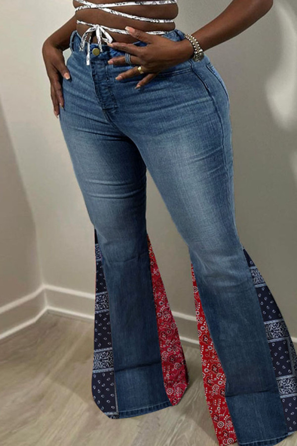 Jeans de mezclilla de cintura alta con estampado de calle casual azul