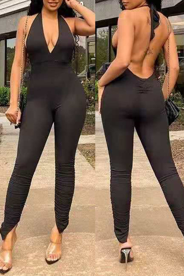 Black Sexy Solid Patchwork Backless Halter Skinny Jumpsuits