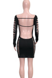 Black Sexy Solid Hollowed Out Patchwork Backless O Neck Pencil Skirt Dresses