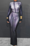 ブラック ファッション カジュアル プリント スリット O ネック ロング スリーブ ドレス