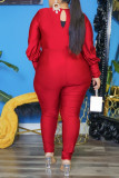 Paarsrood Casual Solid Bandage Patchwork Vouw V-hals Plus Size Jumpsuits