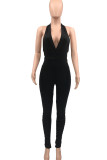 Black Sexy Solid Patchwork Backless Halter Skinny Jumpsuits
