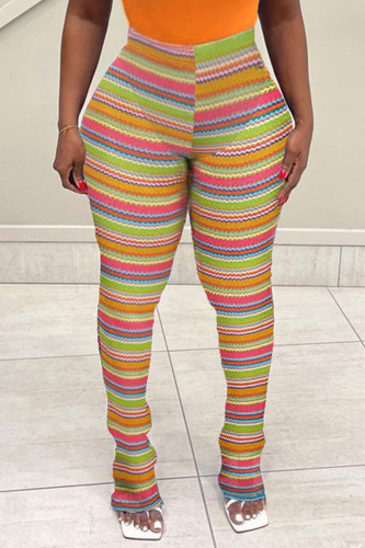 Pantaloni stampati con altoparlante a vita alta con stampa patchwork a righe rosa giallo alla moda