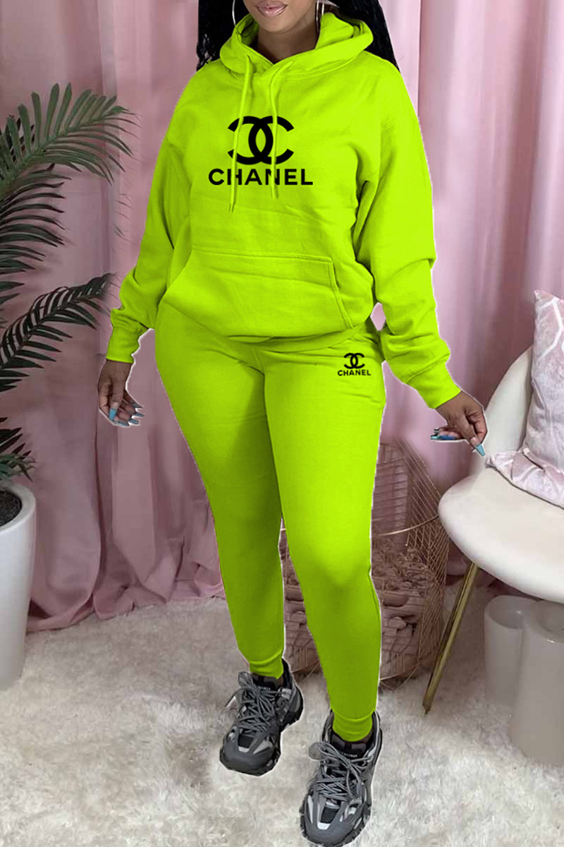 

Fluorescent Green Fashion Casual Print Letter Hooded Collar Long Sleeve Two Pieces