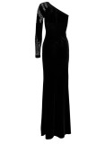 黒のセクシーなソリッドパッチワークスリットホットドリル斜めの襟のドレス
