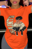 Orangefarbene T-Shirts mit Patchwork-Buchstaben-O-Ausschnitt und modischem Aufdruck