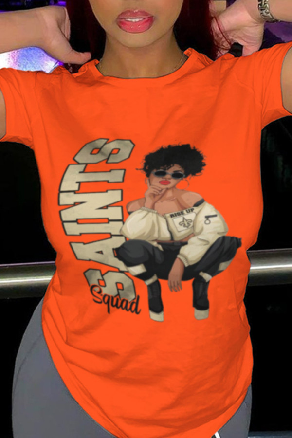 Orange Modetryck Patchwork T-shirts med bokstaven O-ringning
