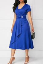 Синие повседневные однотонные платья в стиле пэчворк с V-образным вырезом