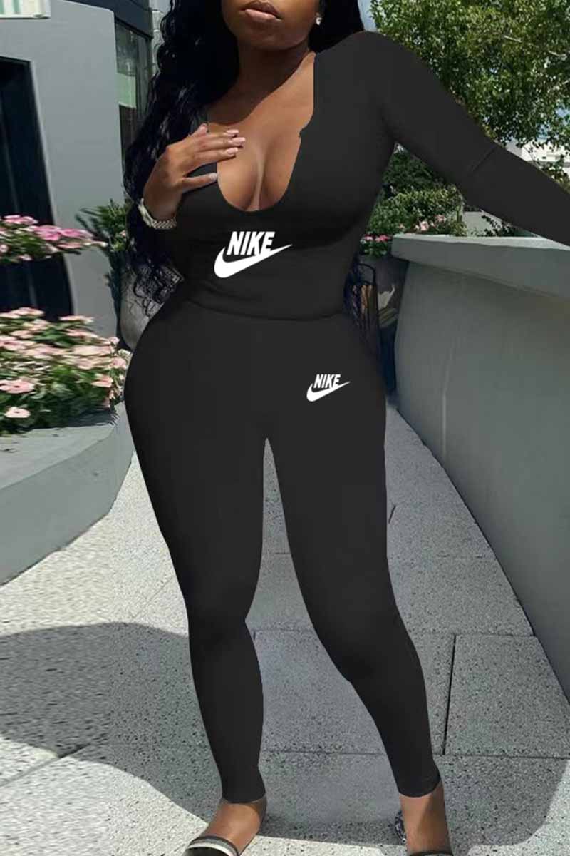 

Black Fashion Casual Print Letter V Neck Long Sleeve Two Pieces