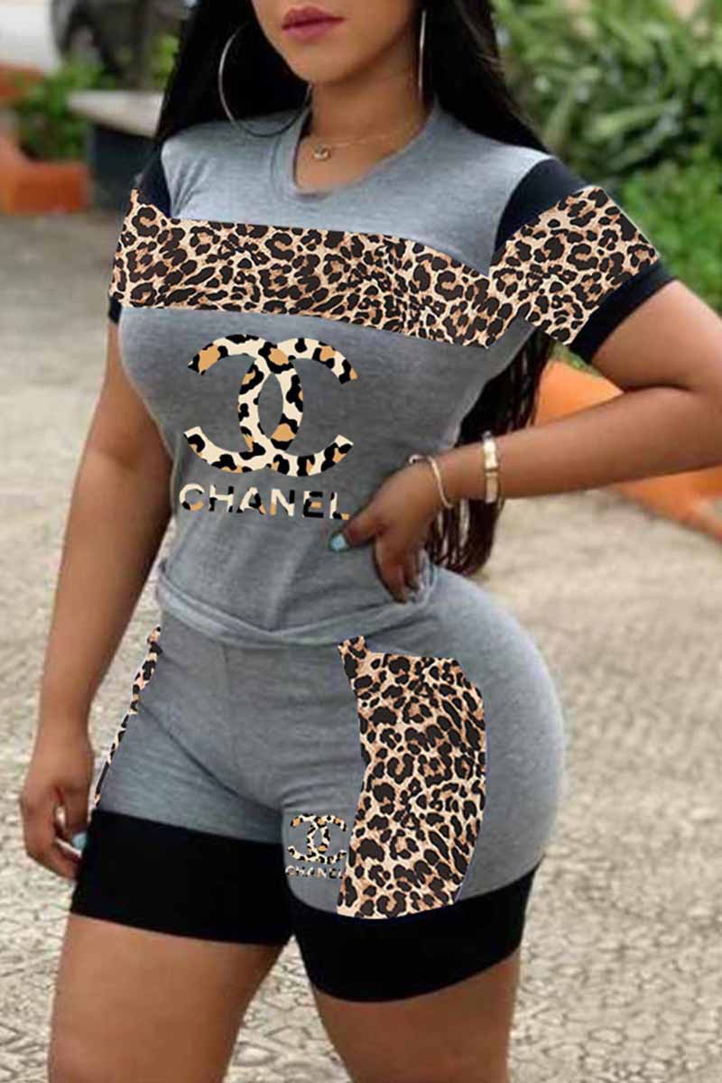 

Grey Fashion Casual Print Leopard Patchwork Letter O Neck Short Sleeve Two Pieces