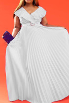 White Elegant Solid Patchwork Fold V Neck Straight Dresses(Contain The Belt)