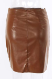 Light Brown Fashion Solid Fold Skinny High Waist Pencil Solid Color Bottoms
