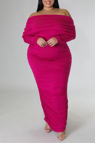 Rose Red Sexy Solid Patchwork Fold Off the Shoulder Pencil Skirt Plus Size Dresses