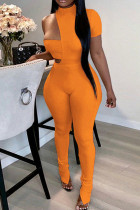 Moda naranja sexy sólido asimétrico cuello alto manga corta dos piezas