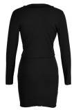 Black Sexy Casual Solid Bandage V Neck Long Sleeve Two Pieces