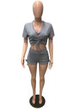 Black Fashion Solid Patchwork V Neck Short Sleeve Two Pieces Front Tie Crop Tops And Shorts Sets