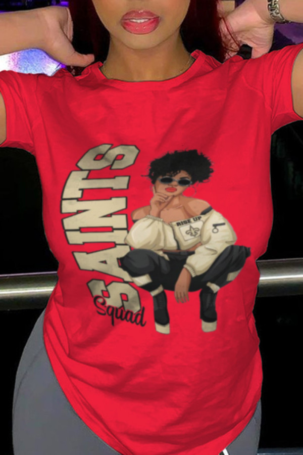 Camisetas con cuello en O y estampado de patchwork con estampado de moda rojo