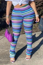 Pantalones con estampado de rayas de calle de moda con estampado de retazos de talle alto con estampado completo azul púrpura