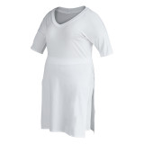 Branco moda casual patchwork sólido fenda decote em v plus size duas peças