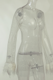 Белые сексуальные лоскутные однотонные прозрачные перья с круглым вырезом юбка-карандаш платья