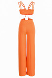Orange, sexy, solide, ausgehöhlte Patchwork-Spaghetti-Träger-Gerade-Overalls