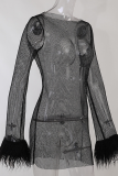黒のセクシーなパッチワーク ソリッド シースルー フェザー O ネック ペンシル スカート ドレス