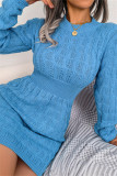 ブルー ファッション カジュアル ソリッド パッチワーク O ネック ロング スリーブ ドレス