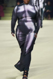 ブラック ファッション カジュアル プリント スリット O ネック ロング スリーブ ドレス