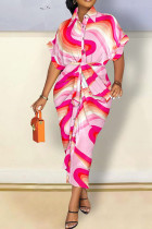 ピンク ファッション カジュアル プリント バンデージ パッチワーク バックル ターンダウン カラー シャツ ドレス ドレス
