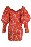 Rote Mode Casual Print Patchwork V-Ausschnitt Langarm Kleider