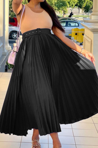 Black Casual Solid Patchwork Fold With Belt Loose High Waist Straight Solid Color Bottoms