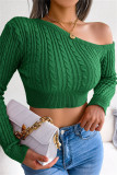 Green Fashion Casual Solid Patchwork Oblique Collar Tops