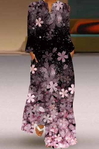 Schwarz Rosa Mode Casual Print Patchwork V-Ausschnitt Langarm Kleider