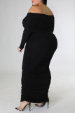Negro sexy sólido patchwork doblar fuera del hombro falda lápiz vestidos de talla grande